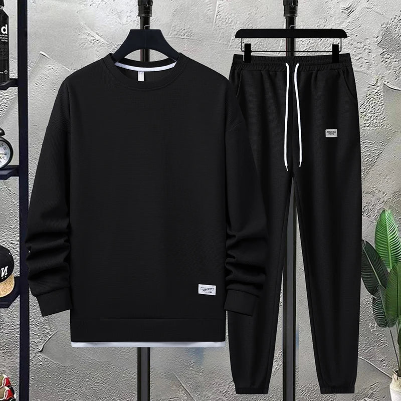Summer Men's Waffle Sets Casual T-Shirt And Shorts Set Male Sports Suit Solid Color Tracksuit Loose Suits Size