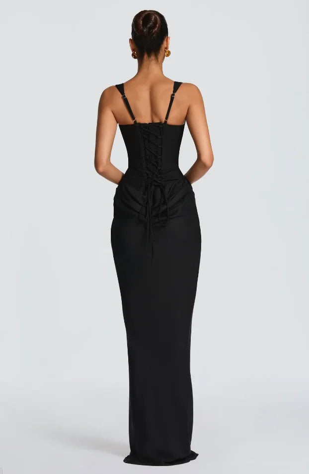 Solid Pleated Sling Dress Women Square Neck Sleeveless Off-shoulder Waist Cinching Slim Dresses Lady Evening Party Gowns 2025
