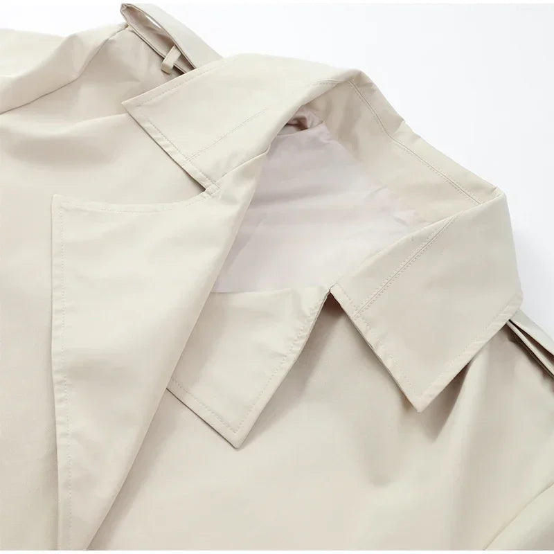 Casual Belt Lace Up Short Trench Coat Women Elegant Full Sleeve V Neck Loose Fashion Jacket Spring Daily High Street Outerwear