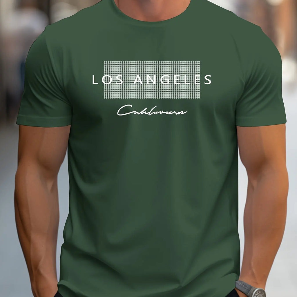 Men's 100% cotton summer loose fit large Los Angeles Graphic printed slim fit casual sports round neck short sleeved T-shirt top