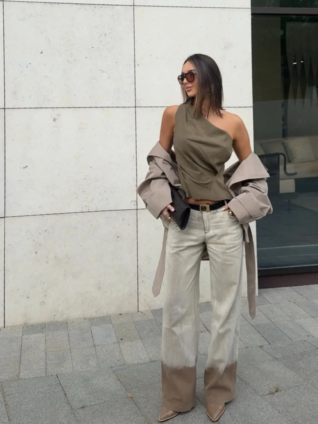 Casual Belt Lace Up Short Trench Coat Women Elegant Full Sleeve V Neck Loose Fashion Jacket Spring Daily High Street Outerwear
