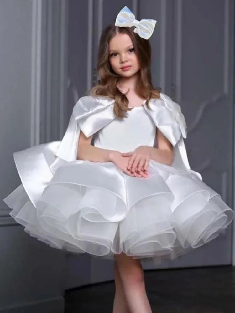 Luxury Girls Big Bow Wedding Party Flower Girl Dresses Pink Long Tulle Baby Ceremony Evening Dress Summer  3-10 Y graduate Dress