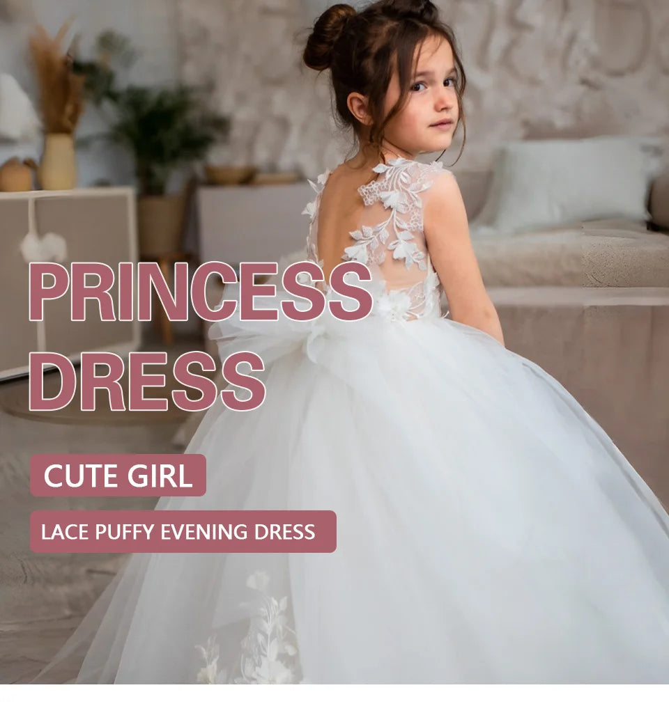 Lace Applique Tulle Flower Girl Dress for Wedding Sleeveless Long Bow Knot V-Back Elegant Formal Dresses