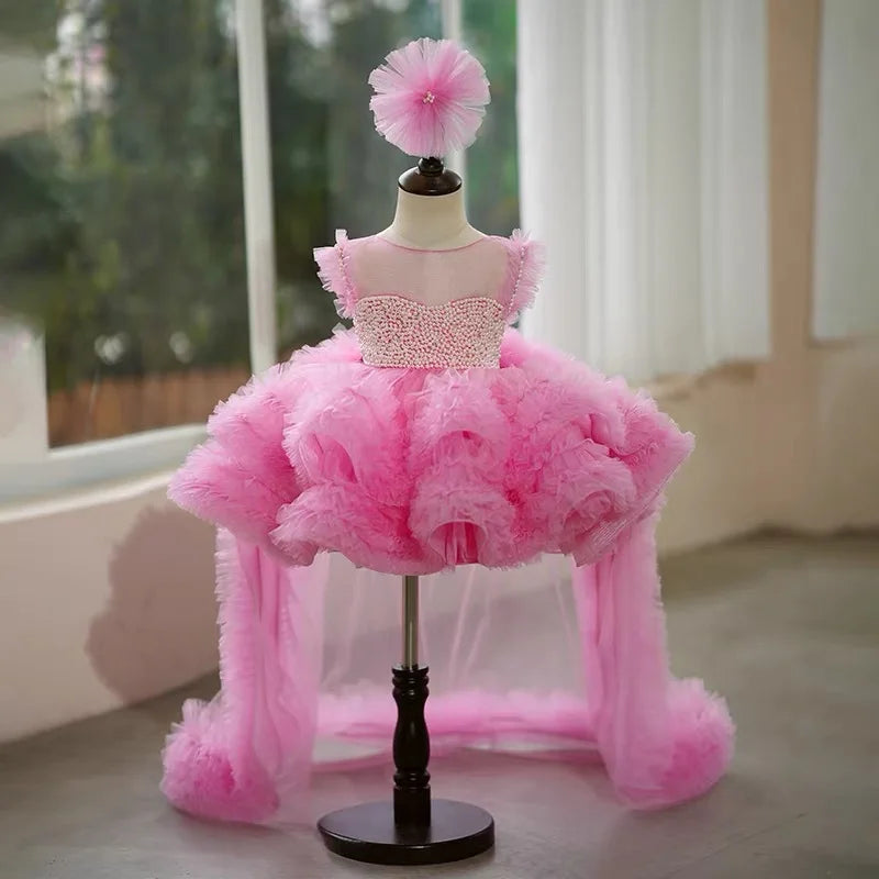 Princess Flower Girl Dress Elegant Baby Pink Pearls Tulle Puffy Baby Kids Wedding Birthday Ball Gowns Piano Performance Dress