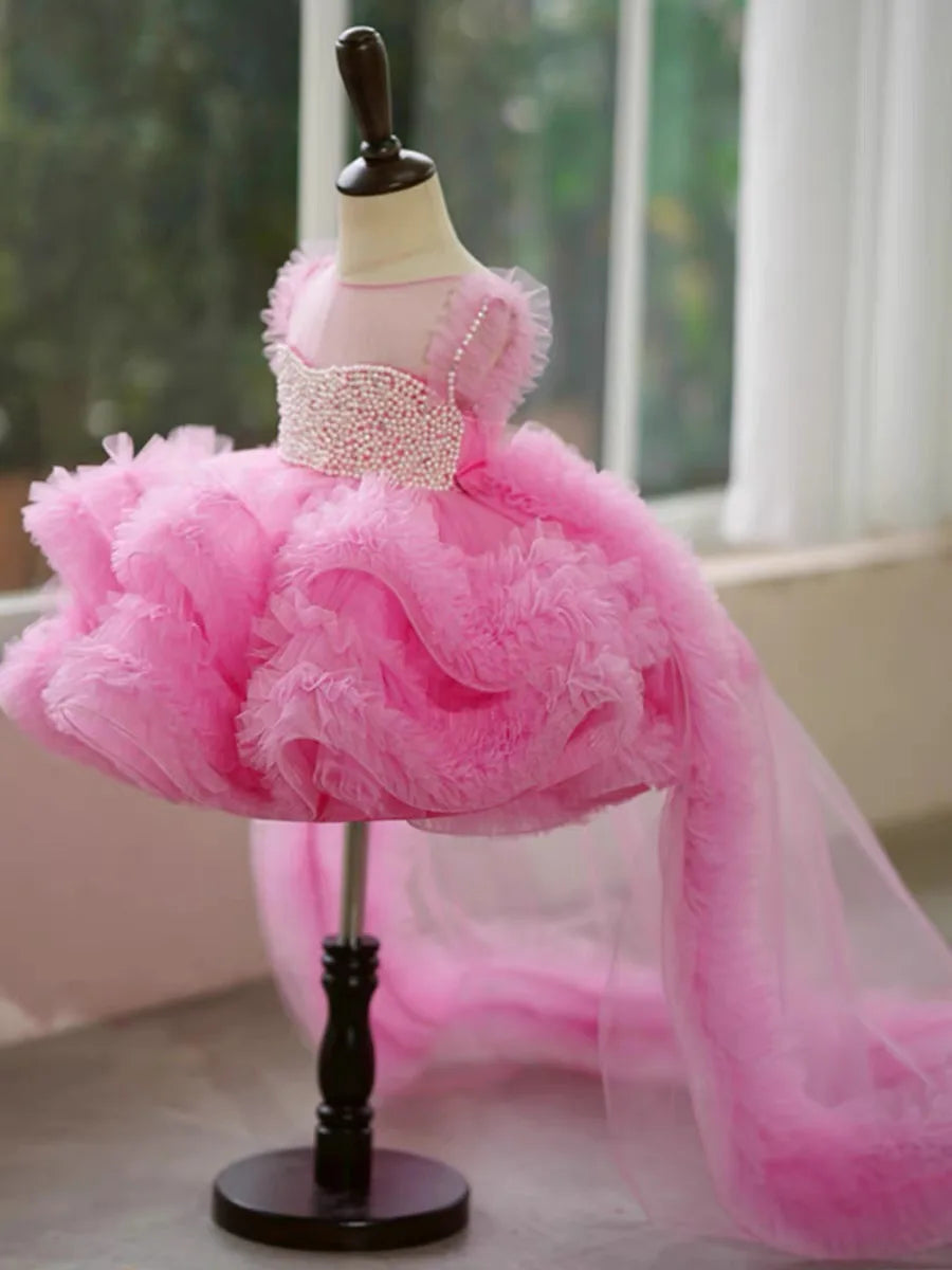 Princess Flower Girl Dress Elegant Baby Pink Pearls Tulle Puffy Baby Kids Wedding Birthday Ball Gowns Piano Performance Dress