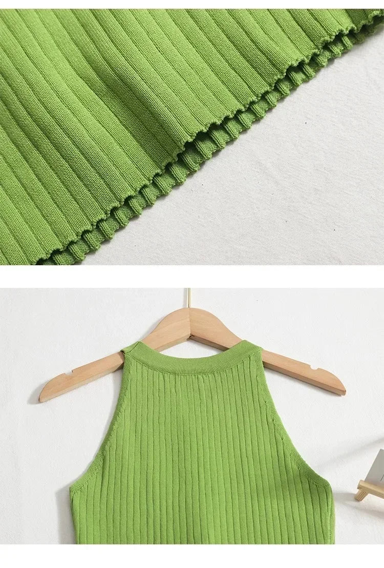 Summer Solid Beach Knitted Dress O Neck Sleeveless Chic Hotsweet Slim Sundress Bodycon Y2K Bodycon Sexy Mini Dress Outfits
