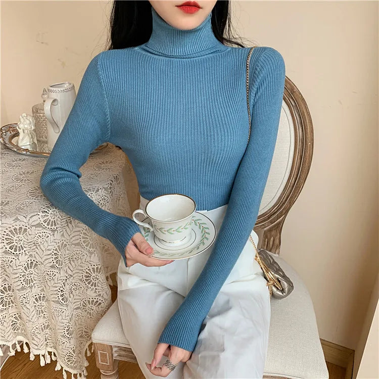 2026 Autumn Winter Women Long Sleeve Knitted Foldover Turtleneck Ribbed Pull Sweater Soft Warm Femme Jumper Pullover Clothes