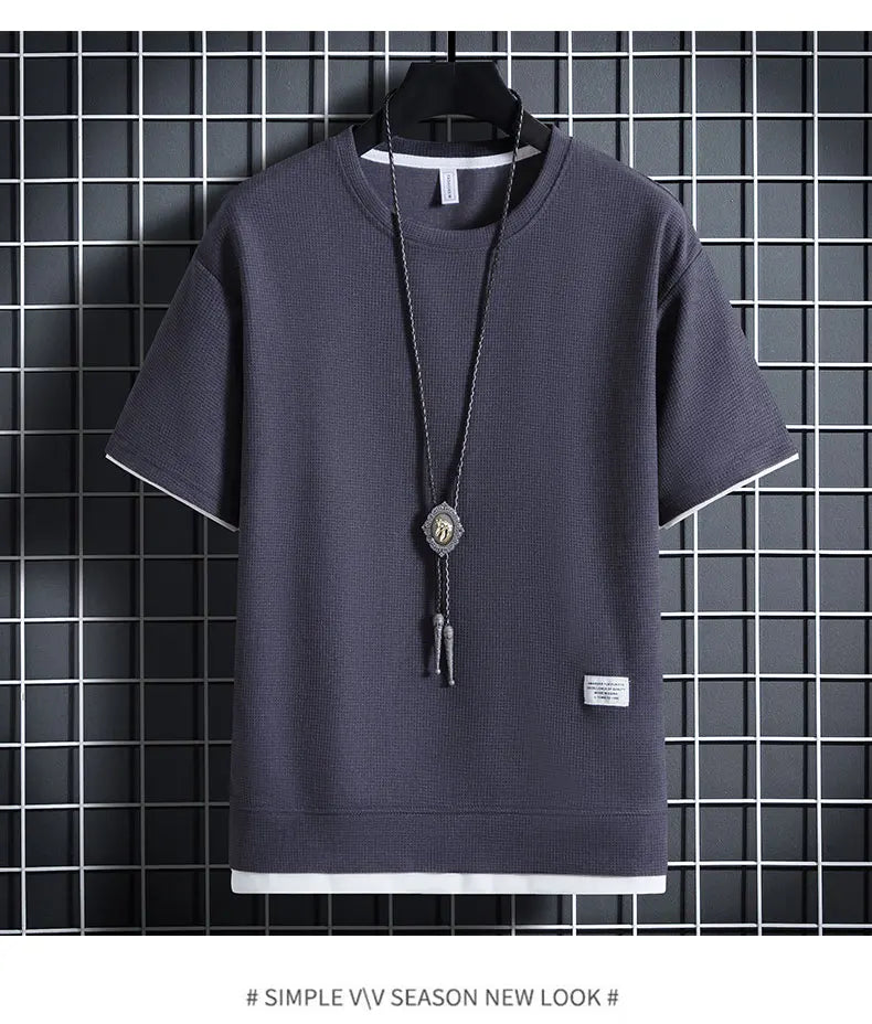 Summer Men's Waffle Sets Casual T-Shirt And Shorts Set Male Sports Suit Solid Color Tracksuit Loose Suits Size