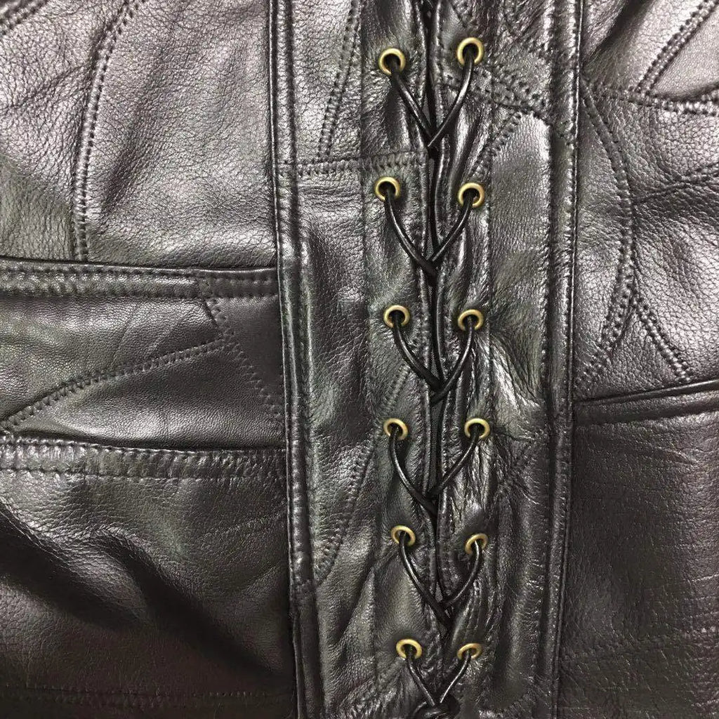 Mens Side Laces Adjustable Black Leather Motorcycle Vest Biker Vests Soft Sheepskin