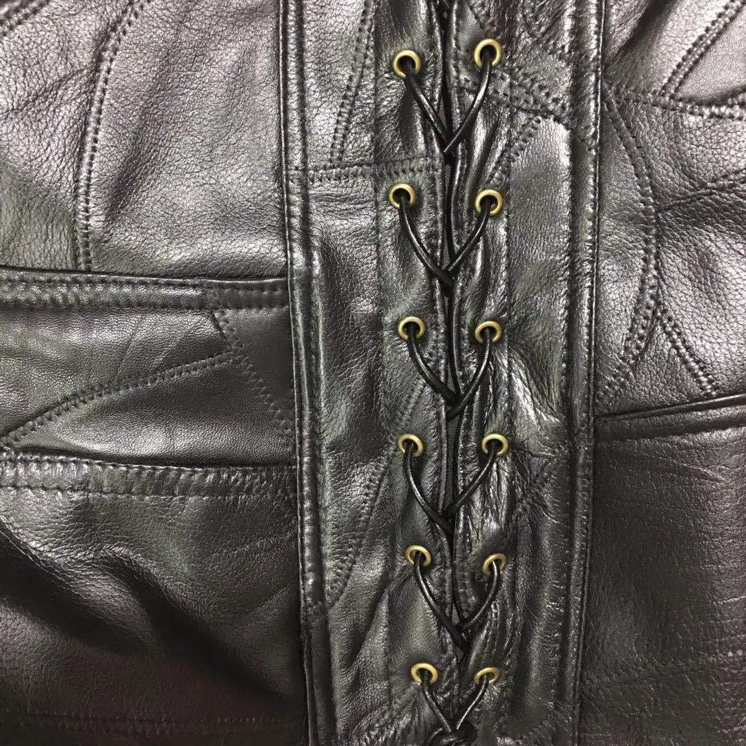 Mens Side Laces Adjustable Black Leather Motorcycle Vest Biker Vests Soft Sheepskin
