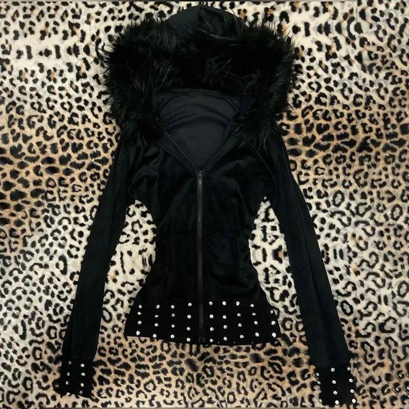 Gothic Y2K Women's Chic Hoodie Sexy Slim Casual Solid Color Female Cropped Sweatshirt Grunge Punk Vintage Aesthetics Streetwear
