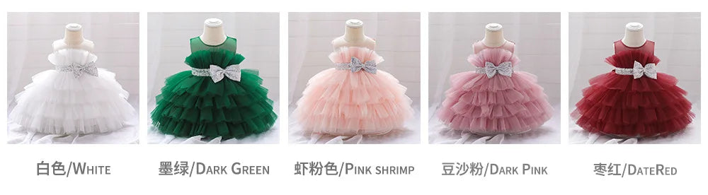 Kids Bow Baby Girls Dress Puffy Tulle Toddler White Baptism Party Dresses For Girl Elegant Kids Birthday Princess Ball Gown