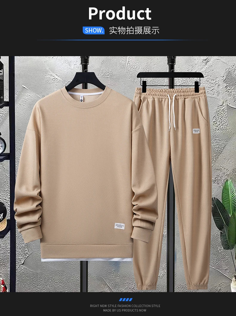 Summer Men's Waffle Sets Casual T-Shirt And Shorts Set Male Sports Suit Solid Color Tracksuit Loose Suits Size