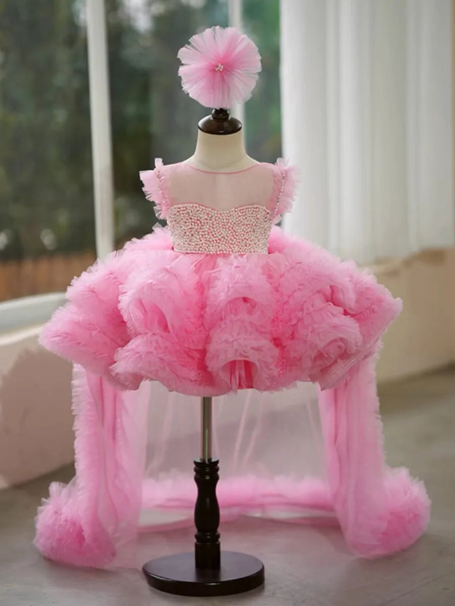 Princess Flower Girl Dress Elegant Baby Pink Pearls Tulle Puffy Baby Kids Wedding Birthday Ball Gowns Piano Performance Dress