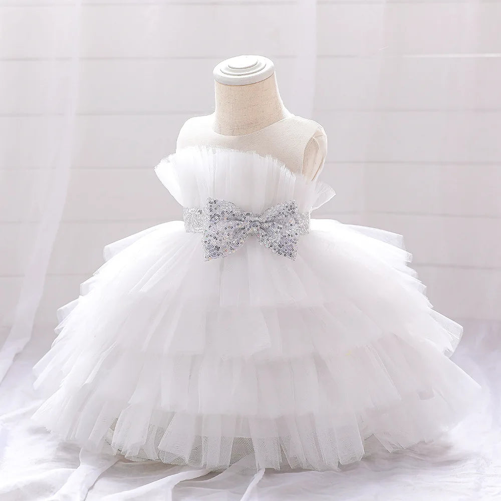 Kids Bow Baby Girls Dress Puffy Tulle Toddler White Baptism Party Dresses For Girl Elegant Kids Birthday Princess Ball Gown