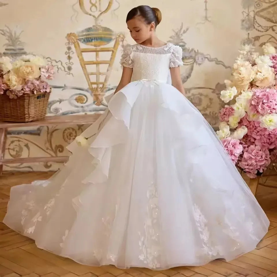 Flower Girl Dresses for Wedding Lace Appliques Bow Pleated Princess Baby Girl Birthday Gowns First Communion Gowns Customized