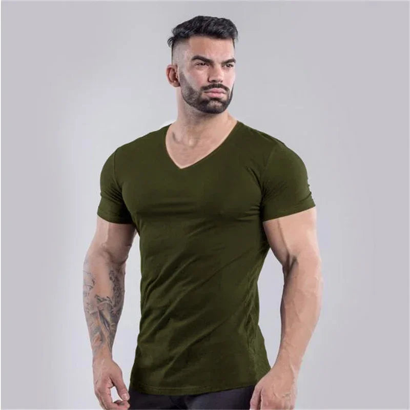 Mens Plain  Summer Cotton Breathable Short Sleeve Shirts Running V-neck T-shirt Gym Bodybuilding Fitness Workout Muscle Clothin