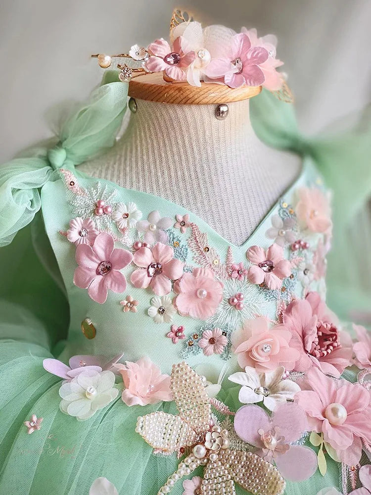 Girl Lolita Princess Dress Baby Cute Flower Big Bow Mesh Dress Carnival Birthday Party Light Luxury Performance Clothing