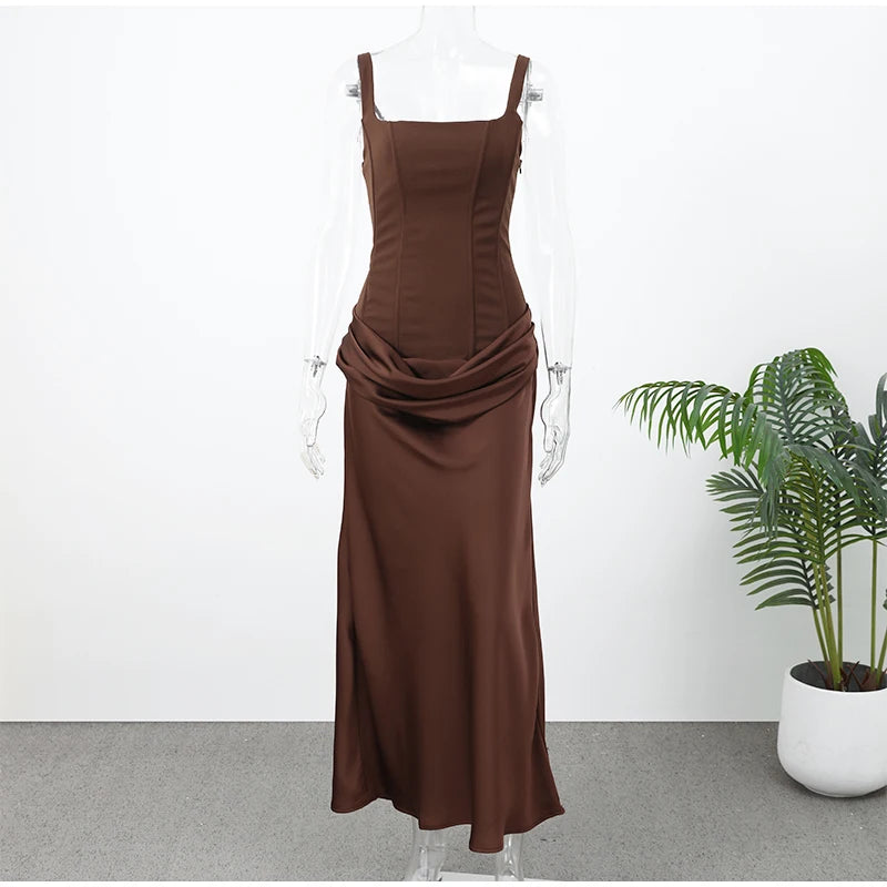 Solid Pleated Sling Dress Women Square Neck Sleeveless Off-shoulder Waist Cinching Slim Dresses Lady Evening Party Gowns 2025