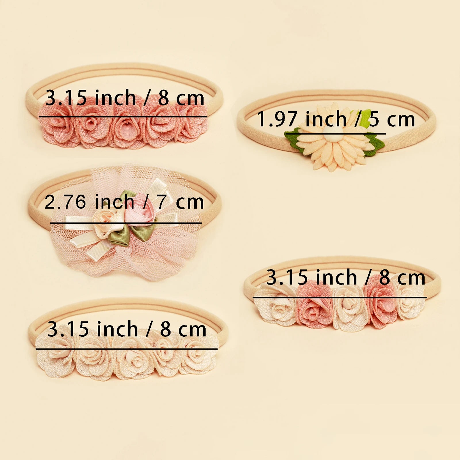 5pcs Pink Lace Rose Flower Headband Baby Cute Sweet Nylon Hairband Newborn Photography Hair Accessories Girl's Headwear