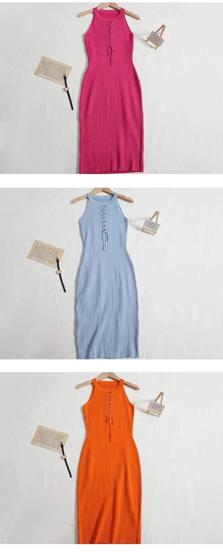 Summer Solid Beach Knitted Dress O Neck Sleeveless Chic Hotsweet Slim Sundress Bodycon Y2K Bodycon Sexy Mini Dress Outfits