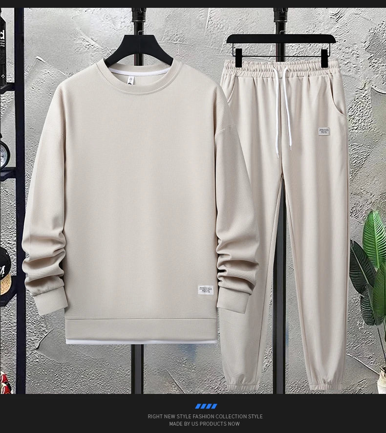 Summer Men's Waffle Sets Casual T-Shirt And Shorts Set Male Sports Suit Solid Color Tracksuit Loose Suits Size