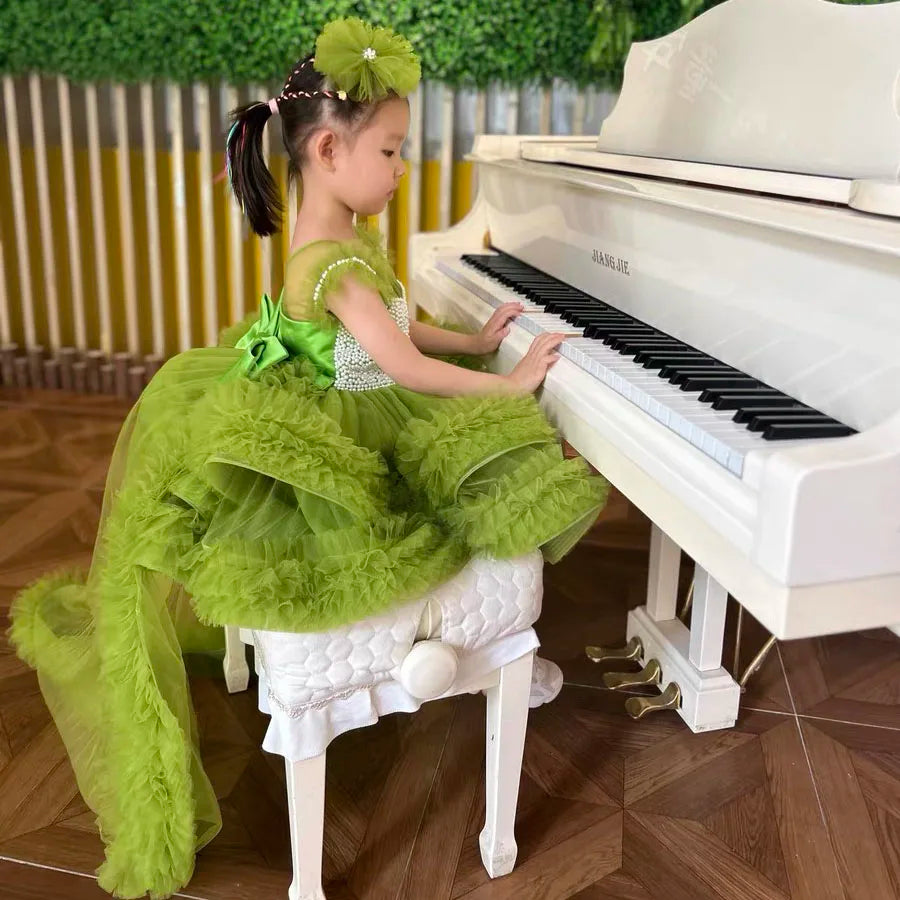 Princess Flower Girl Dress Elegant Baby Pink Pearls Tulle Puffy Baby Kids Wedding Birthday Ball Gowns Piano Performance Dress