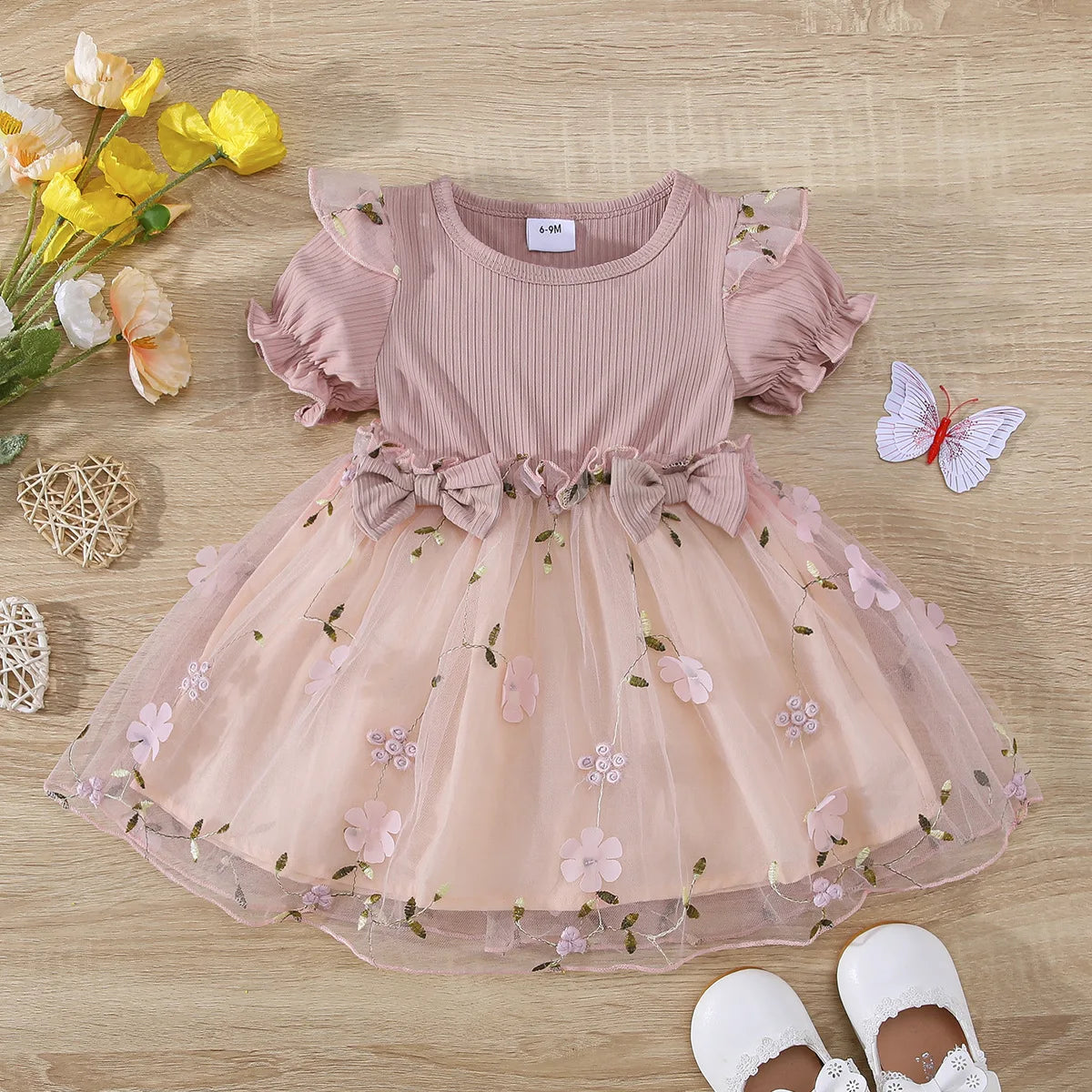 Baby Girl Pink Ribbed Long-Sleeve Bowknot Floral Embroidered Mesh Dress Perfect For Outings And Daily Wear