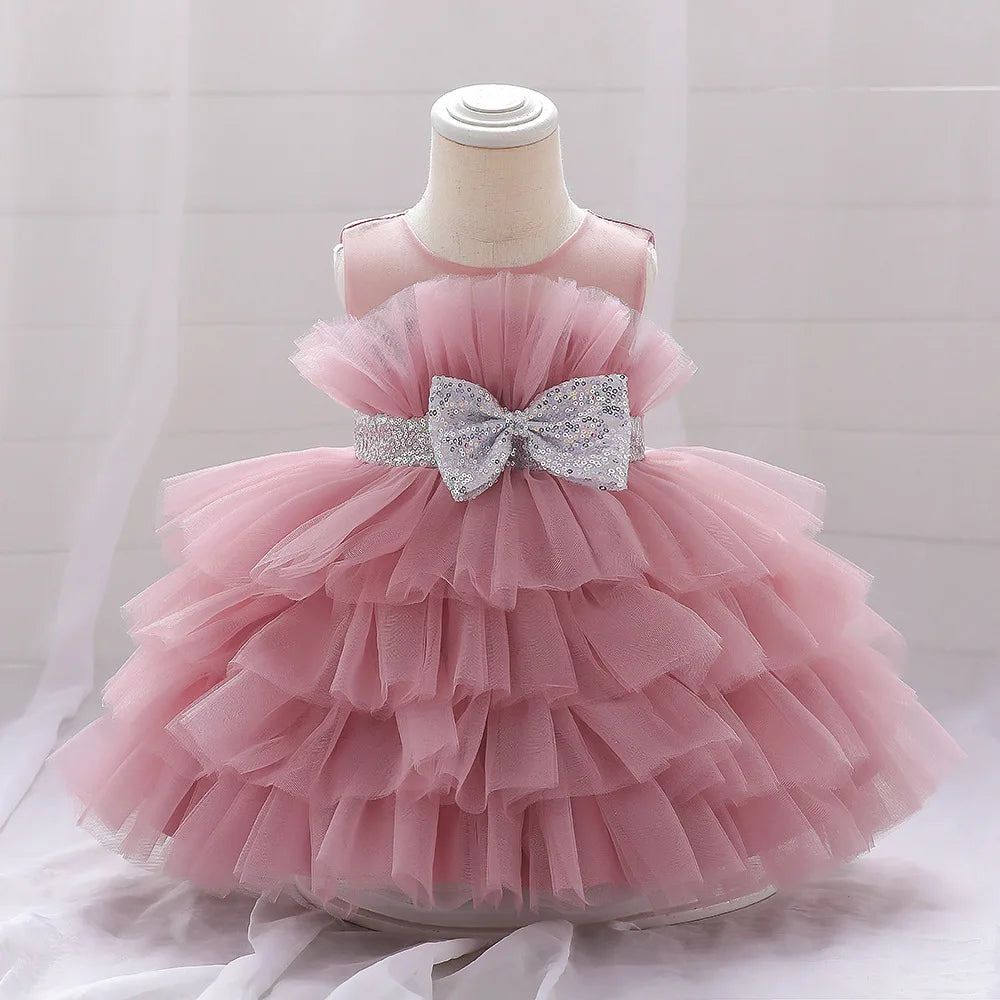 Kids Bow Baby Girls Dress Puffy Tulle Toddler White Baptism Party Dresses For Girl Elegant Kids Birthday Princess Ball Gown