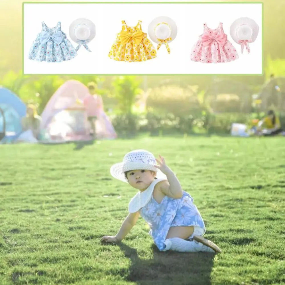 Elegant Bowknot Baby Girl Princess Dress Cotton Summer Floral Dress with Hat Sweet Sleeveless Flower Dress Beach Vacation