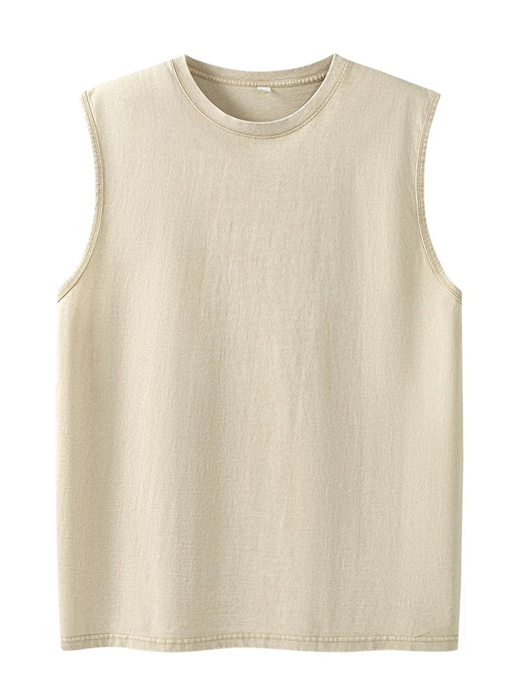 Summer Men's Washed Cotton Tank Tops Muscle Gym Sleeveless Workout T Shirts Running Beach Loose Cutoff Tees