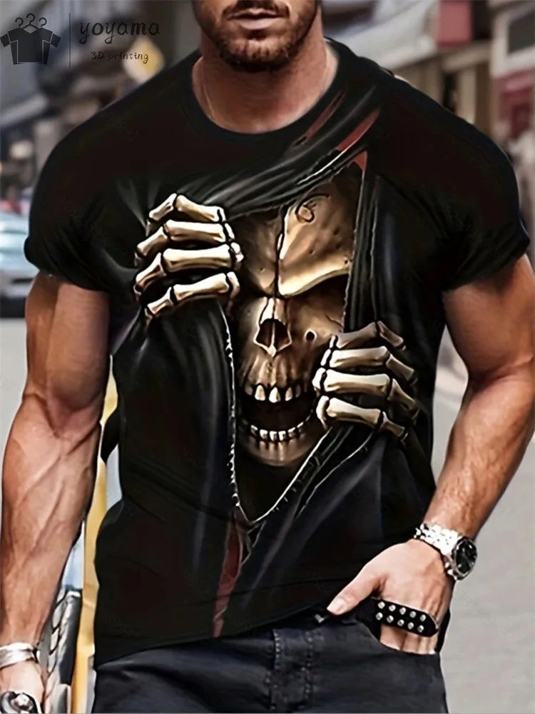 Men's Horror Skull Print T-Shirt 3D Print Vintage O-Neck Short Sleeve Fashion Oversized T-Shirts Men's Summer Street Clothing