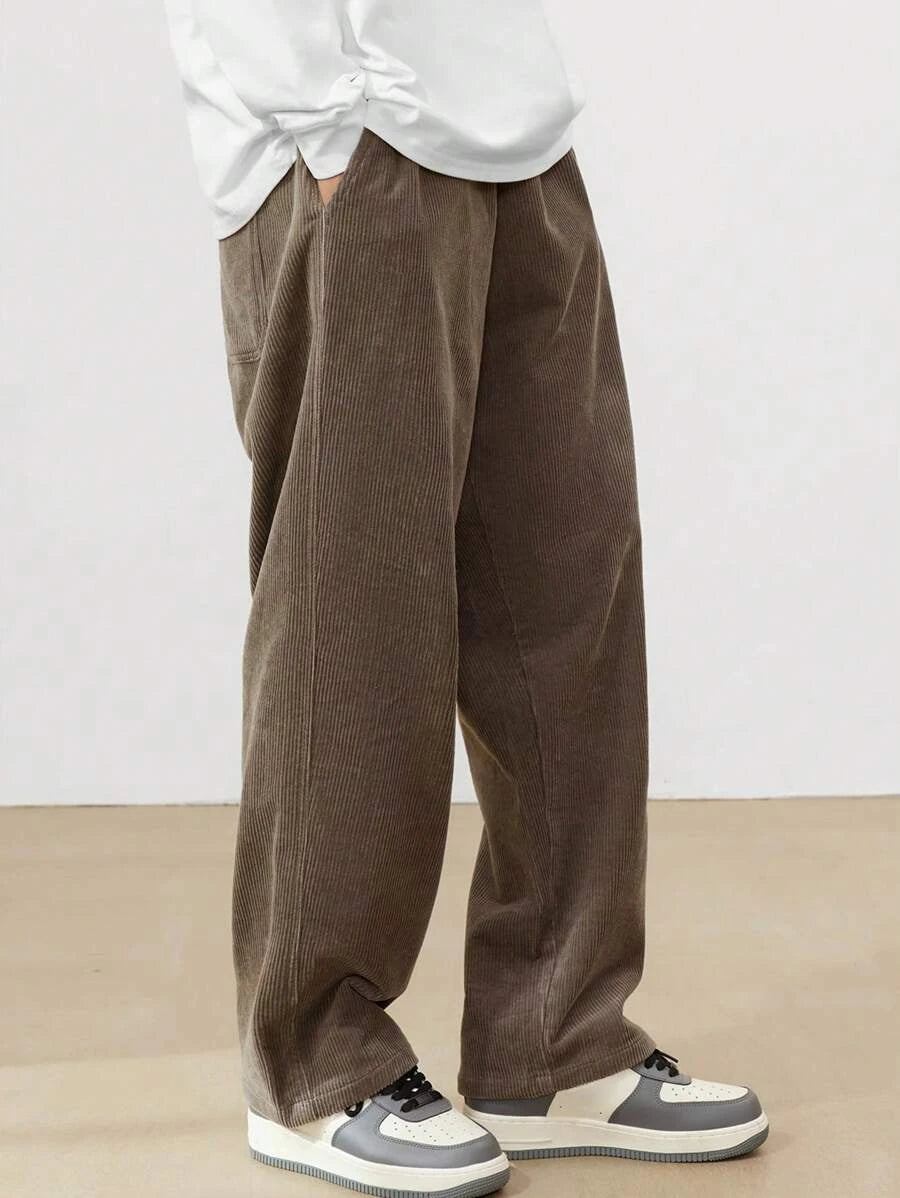 Men's Corduroy Straight Leg Casual Pants Drawstring Elastic Waist Outdoor Streetwear Winter Warm Autumn Sport Thermal Trousers