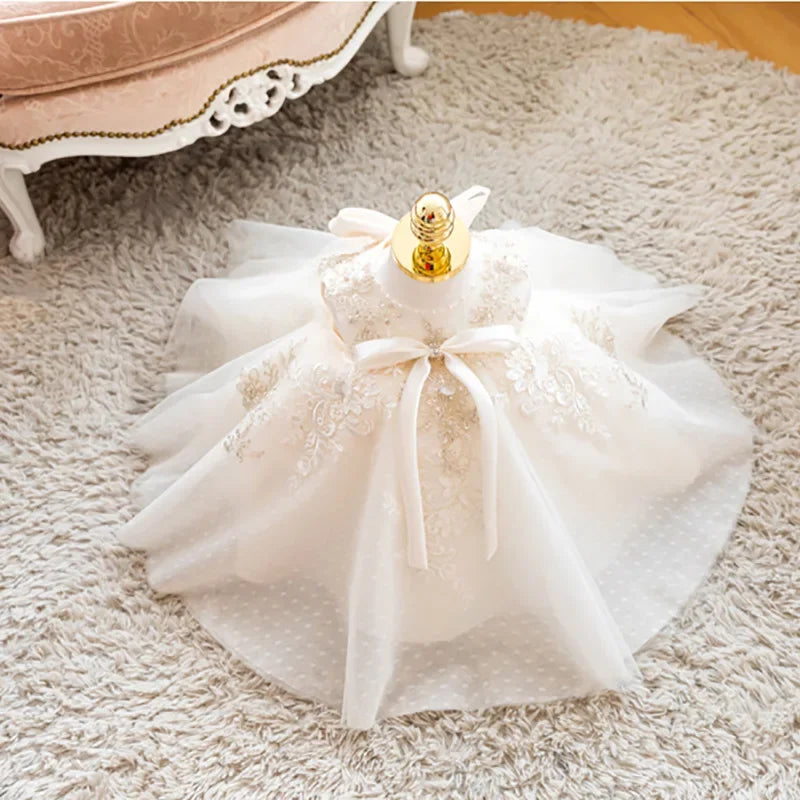 baby lace Sleeveless birthday  High-end 1 year White baptism dress girl costume Girls dress princess dress 1-10yrs wear