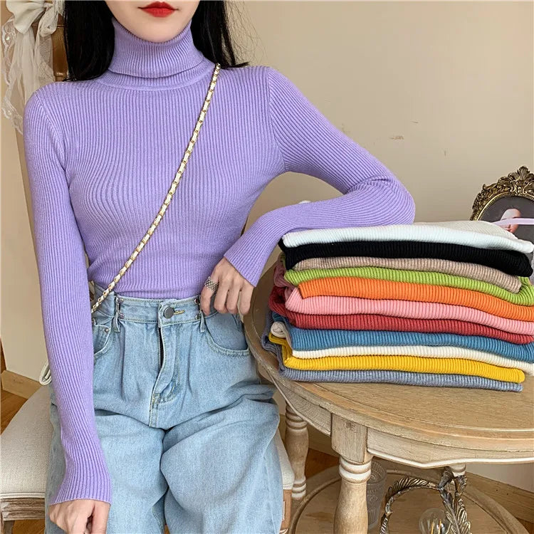2026 Autumn Winter Women Long Sleeve Knitted Foldover Turtleneck Ribbed Pull Sweater Soft Warm Femme Jumper Pullover Clothes
