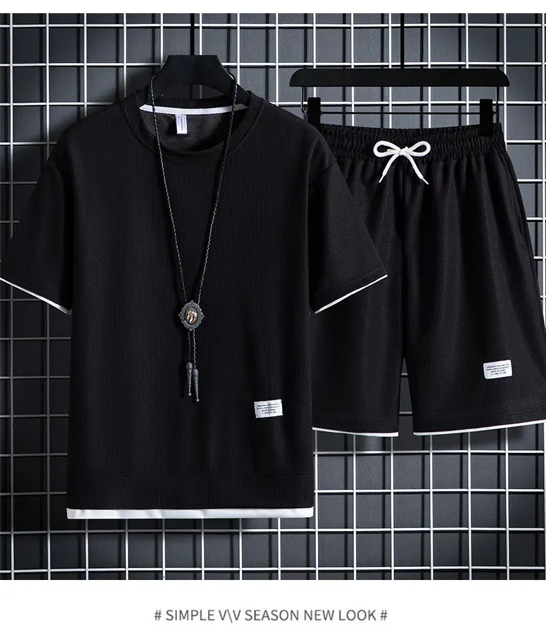 Summer Men's Waffle Sets Casual T-Shirt And Shorts Set Male Sports Suit Solid Color Tracksuit Loose Suits Size