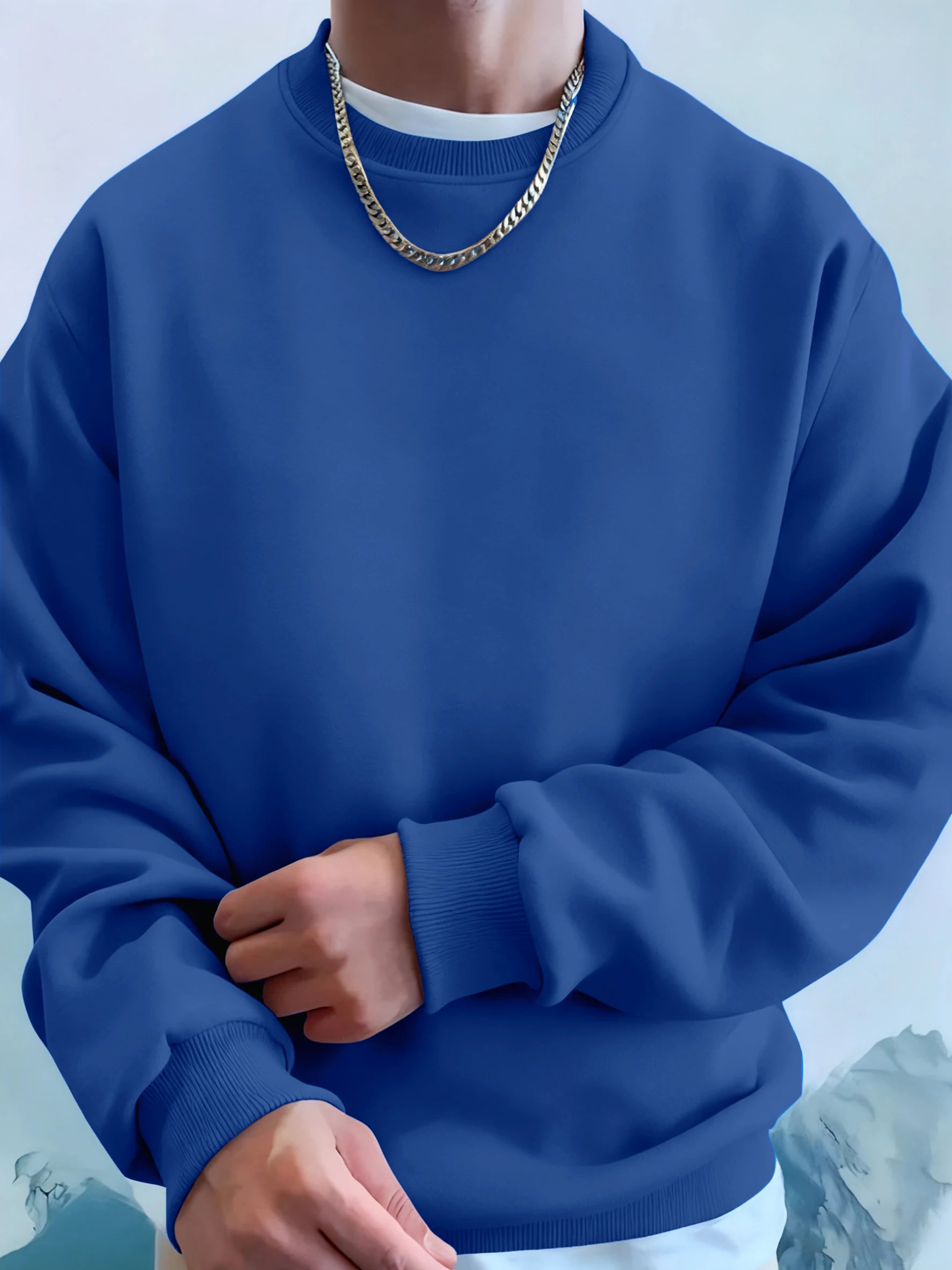 Men'S Solid Sweatshirts Autumn Winter Loose Fleece Soft Hoodies Basics Crewneck Warm Sportswears Street Casual Mens Clothes