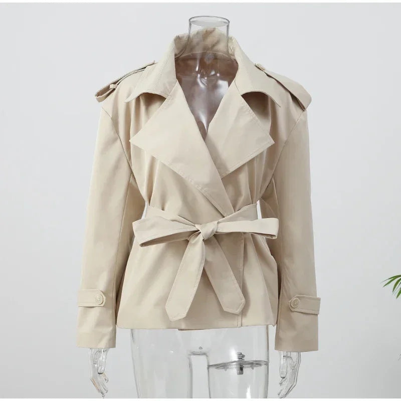 Casual Belt Lace Up Short Trench Coat Women Elegant Full Sleeve V Neck Loose Fashion Jacket Spring Daily High Street Outerwear