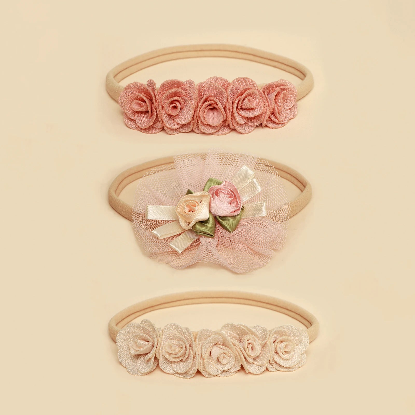 5pcs Pink Lace Rose Flower Headband Baby Cute Sweet Nylon Hairband Newborn Photography Hair Accessories Girl's Headwear