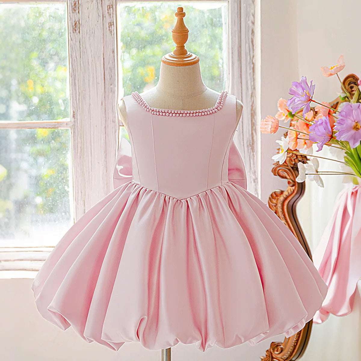 Girls Party Dresses Elegant Pearls Big Bow Princess Dress Baby Girl 1st Birthday Baptism Gown Wedding Birthday Party Girls Dress
