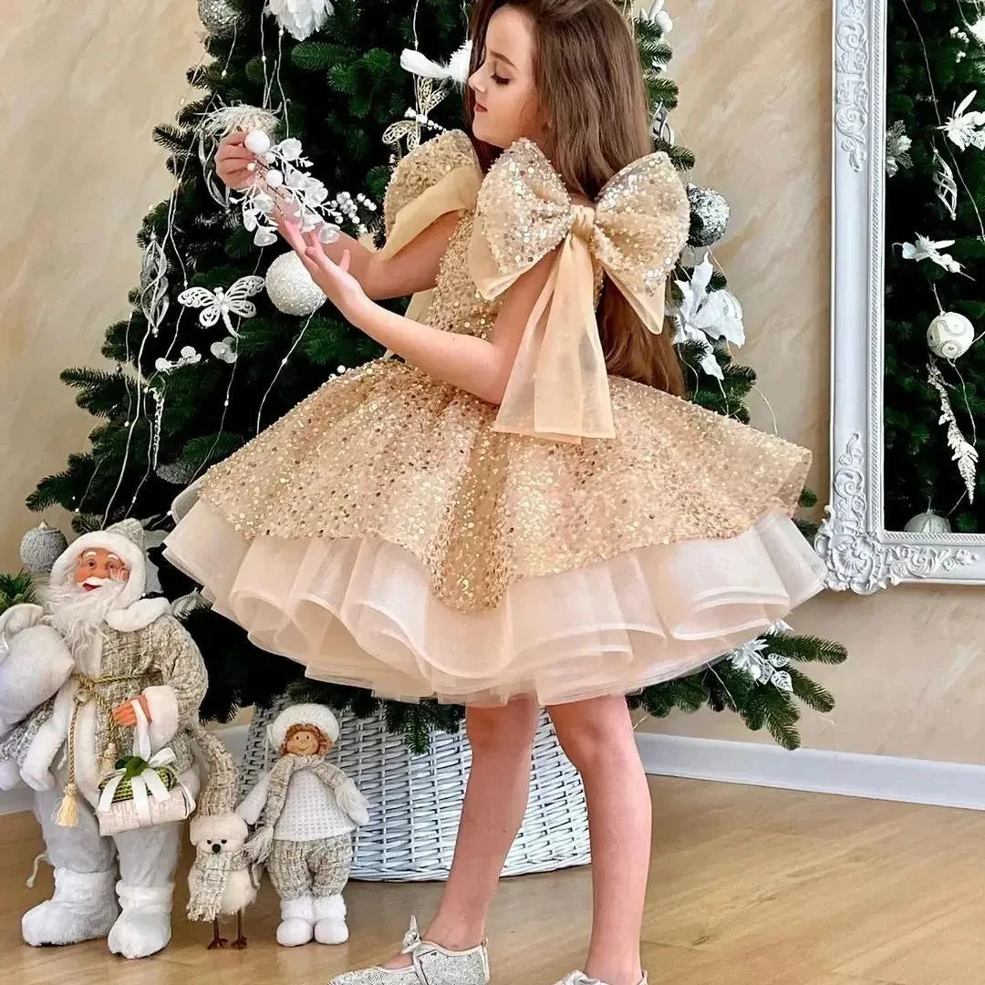Luxury Girls Big Bow Wedding Party Flower Girl Dresses Pink Long Tulle Baby Ceremony Evening Dress Summer  3-10 Y graduate Dress