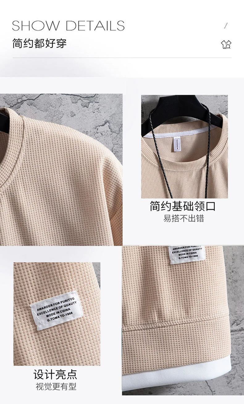 Summer Men's Waffle Sets Casual T-Shirt And Shorts Set Male Sports Suit Solid Color Tracksuit Loose Suits Size