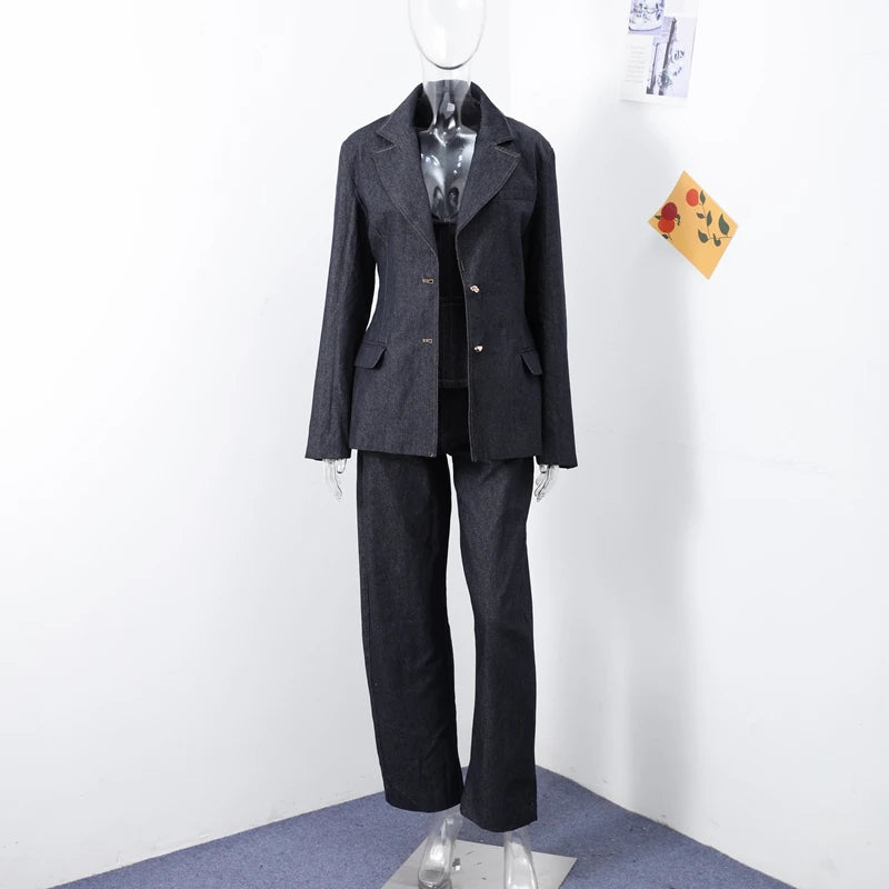 Retro Denim Vest Suit Jacket Pant 3 Piece Sets Women Classic Tube Top Waist-cinching Jackets High Waist Pants Sets Female Outfit
