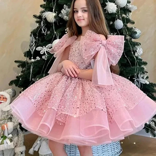 Luxury Girls Big Bow Wedding Party Flower Girl Dresses Pink Long Tulle Baby Ceremony Evening Dress Summer  3-10 Y graduate Dress
