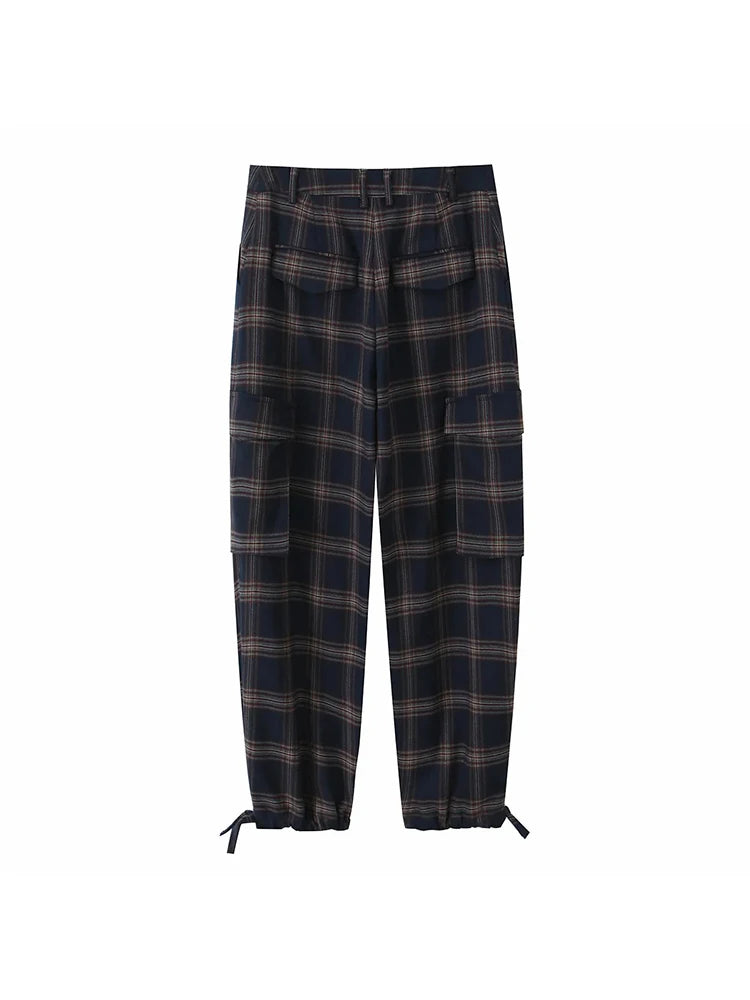 Women New Casual Chic Suit Checkered Hooded Jacket Loose Lantern Workwear Pants Fashion Autumn Winter Suits