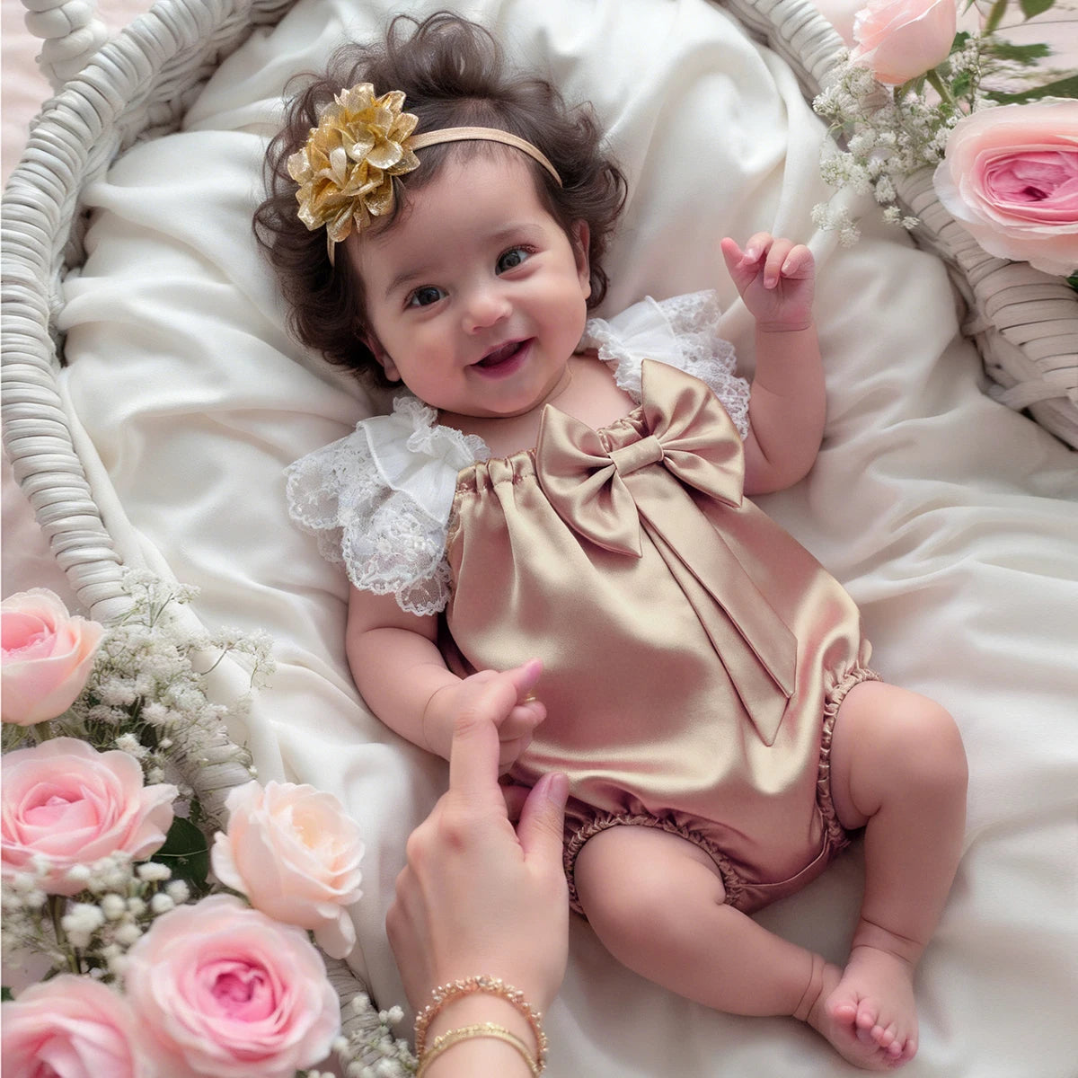 Newborn Lace Flower Headband And Bodysuit Set For Baby Photoshoot 100th Day Outfit Infant Photo Prop Baby Shower Gift-HD
