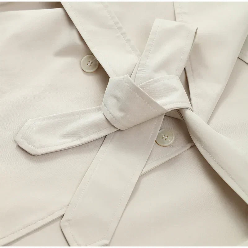 Casual Belt Lace Up Short Trench Coat Women Elegant Full Sleeve V Neck Loose Fashion Jacket Spring Daily High Street Outerwear
