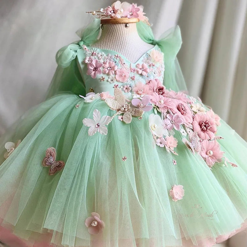 Girl Lolita Princess Dress Baby Cute Flower Big Bow Mesh Dress Carnival Birthday Party Light Luxury Performance Clothing