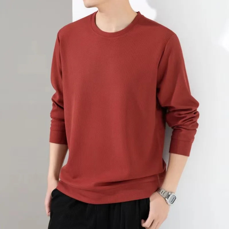 Spring Autumn Waffle t-Shirts For Men Long Sleeve t-Shirt Tops Fashion Soild Tee Shirts Casual Round Neck t Shirt Man Clothes