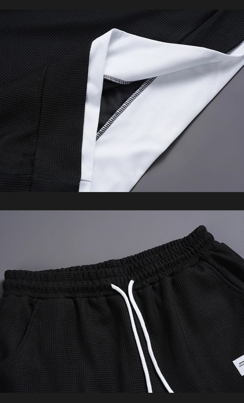 Summer Men's Waffle Sets Casual T-Shirt And Shorts Set Male Sports Suit Solid Color Tracksuit Loose Suits Size